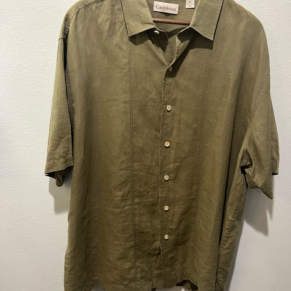 CARIBBEAN 100% LINEN MEN’S GREEN KHAKI BUTTON DOWN SHORT SLEEVE SHIRT SIZE XL - Picture 3 of 10